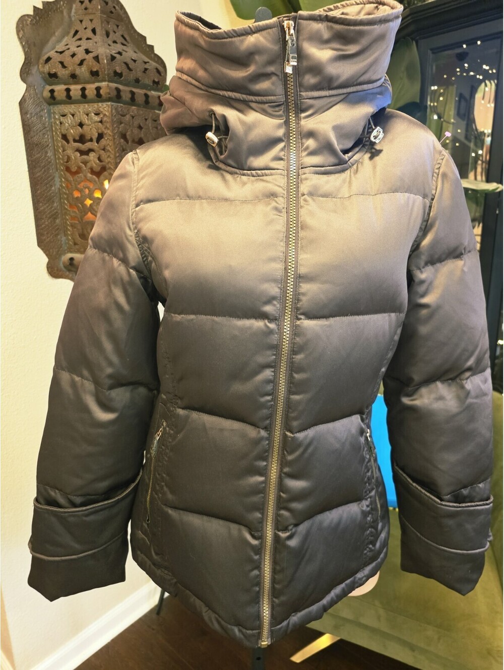 Calvin Klein Women’s Medium Brown Iridescent Down Puffer Jacket Snakeskin Lined